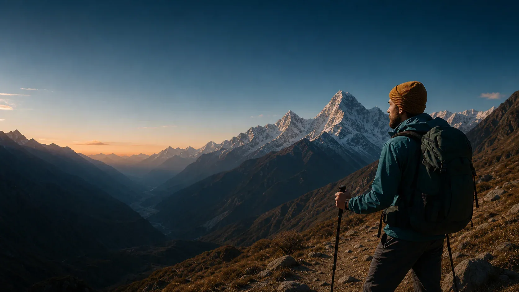 Himalayan peaks at first light above a trekking route